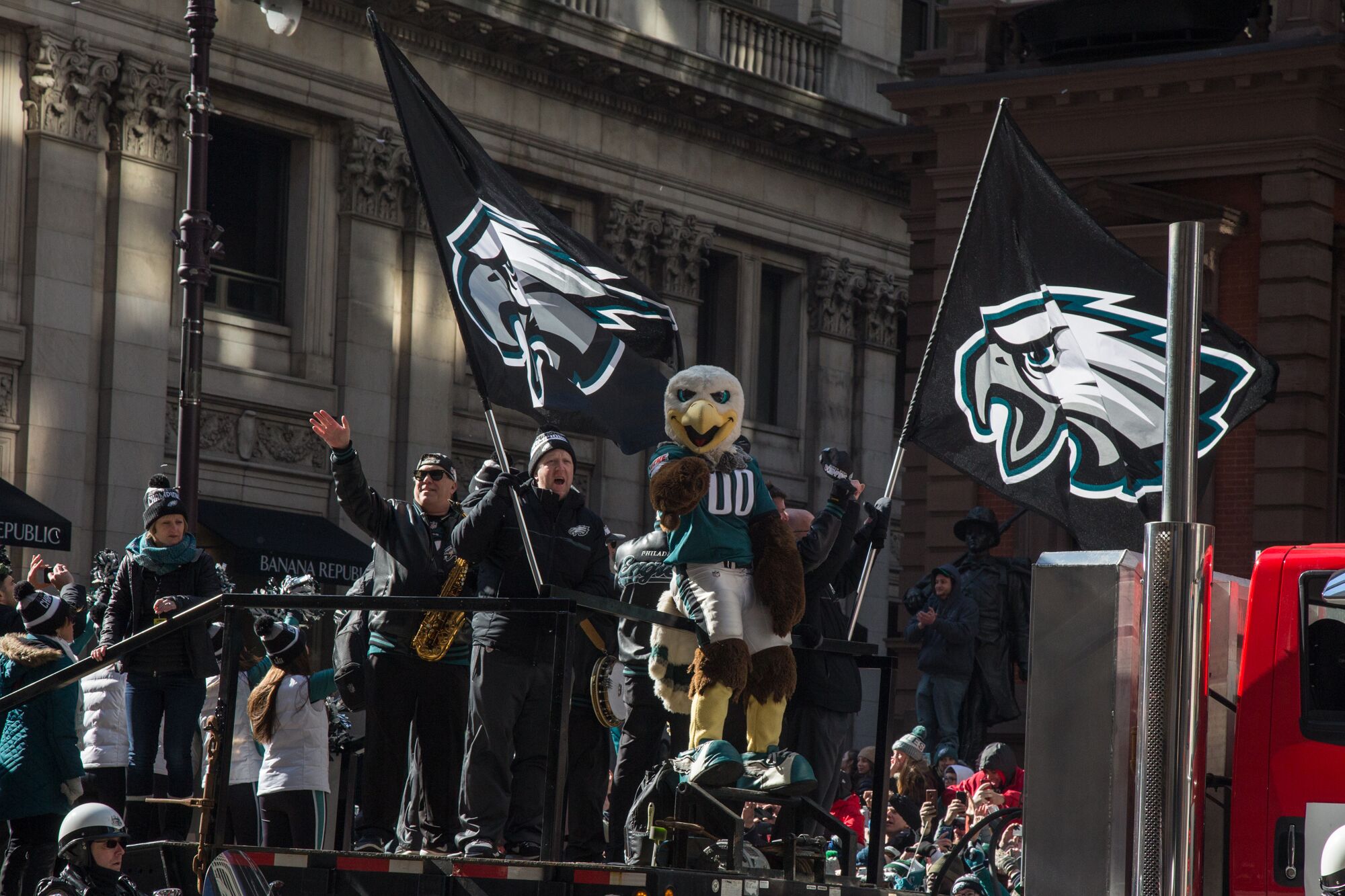 Flags and Eagles mascot Swoop on Broad Street. Credit: Emily Cohen/WHYY
