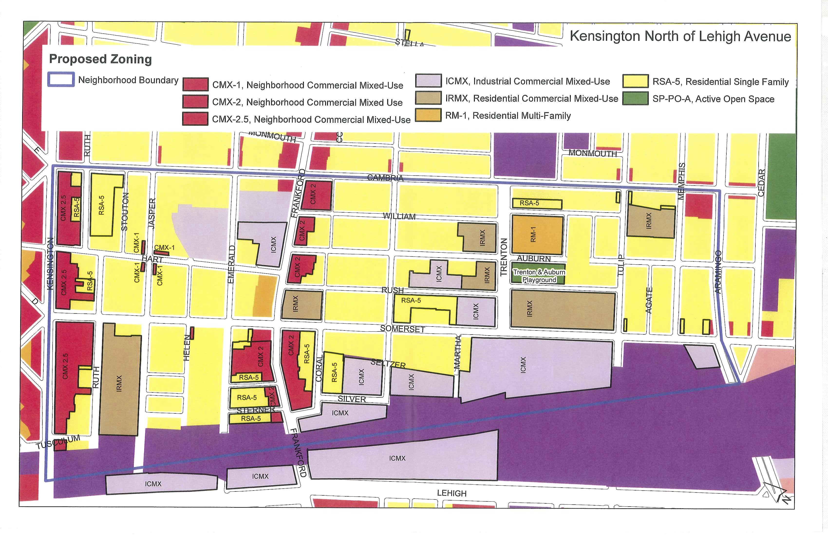 Kensington North of Lehigh Ave proposed zoning (Jan. 2017)