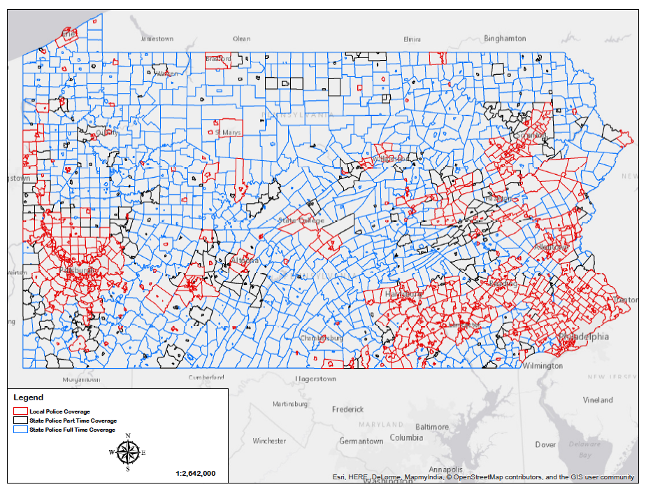 Map shows which areas use their own police forces, and which rely on state police for either full or partial coverage