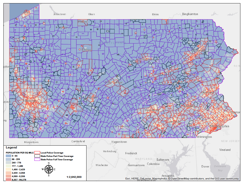 Municipalities relying on state police coverage overlain with population density