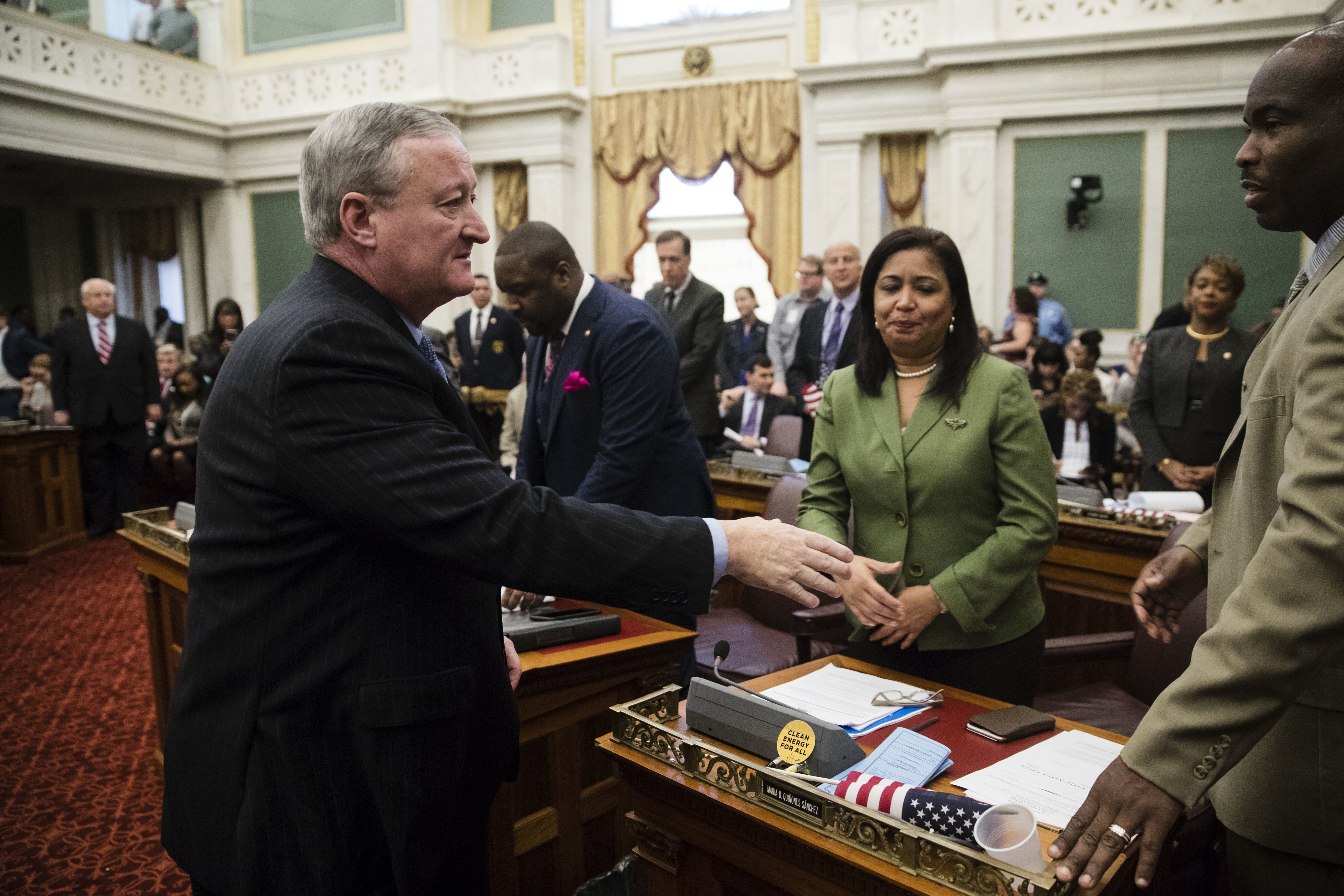 Philadelphia Mayor Jim Kenney, left, shakes hands with members of City Council at City Hall on Nov. 2, 2017. (AP Photo/Matt Rourke)