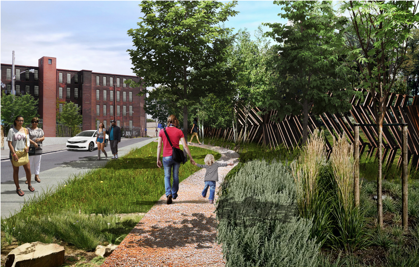 A rendering showing Impact Services' concept for a greenway alongside the Conrail tracks on Tusculum Street. (Impact Services)