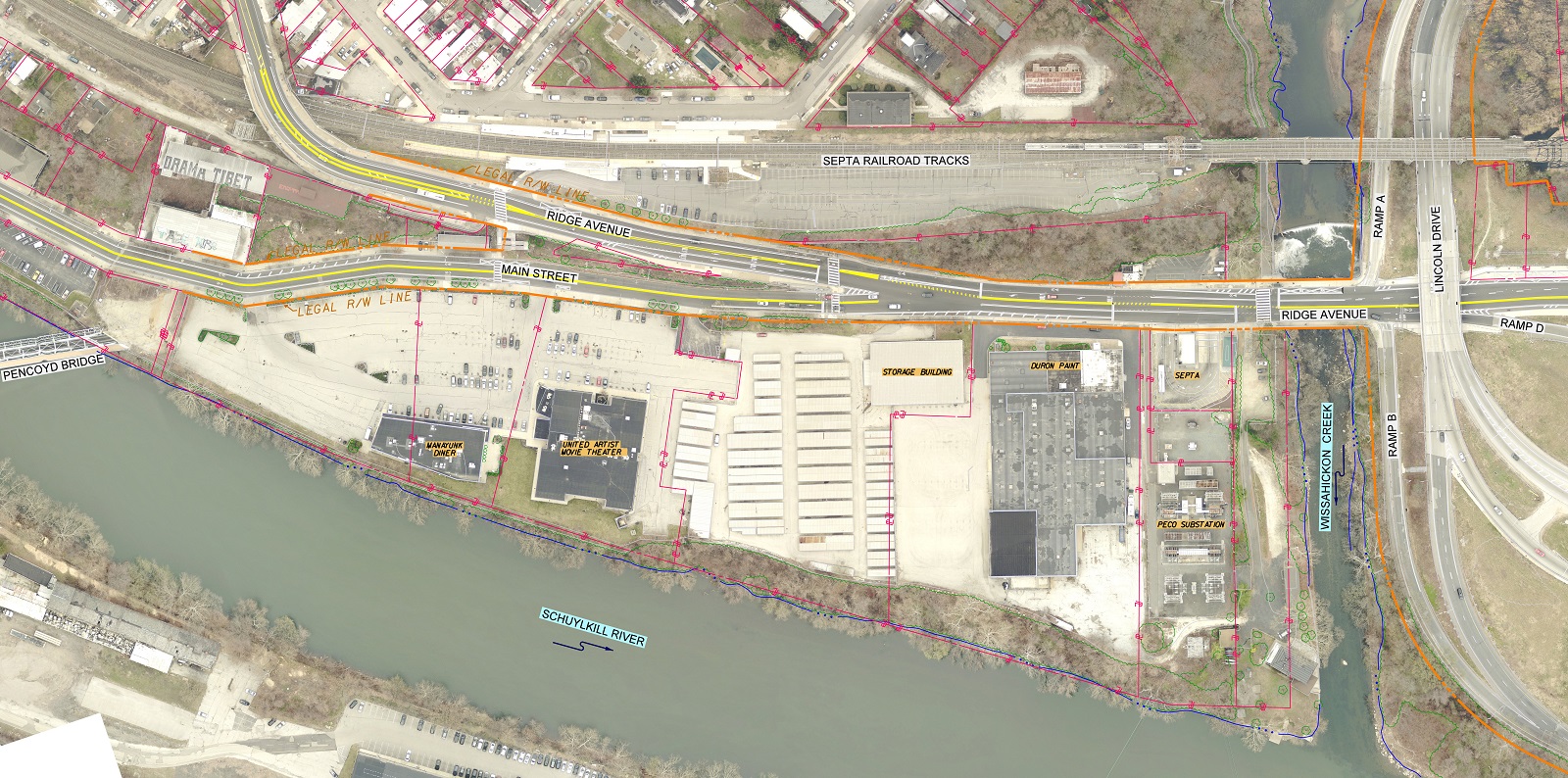 Satellite image showing the existing Wissahickon Transportation Center site