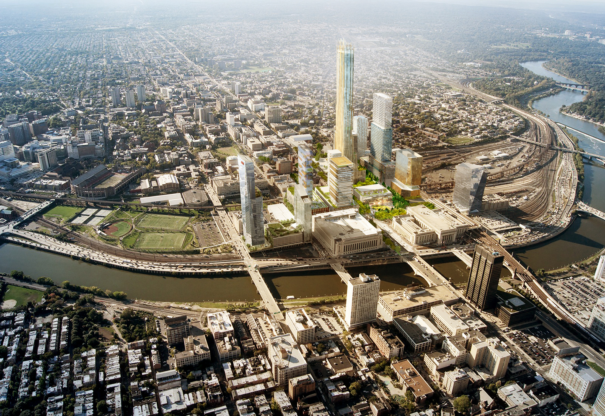 Conceptual rendering of Schuylkill Yards, a site being put forth for Amazon's second headquarters | Brandywine Realty Trust