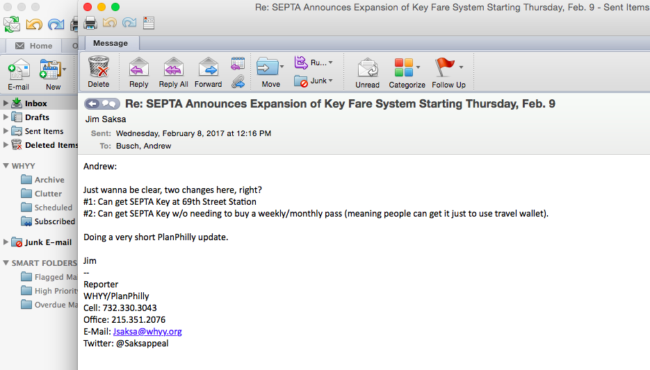 Screen shot of email sent to SEPTA spokesman asking for clarification on SEPTA Key rollout