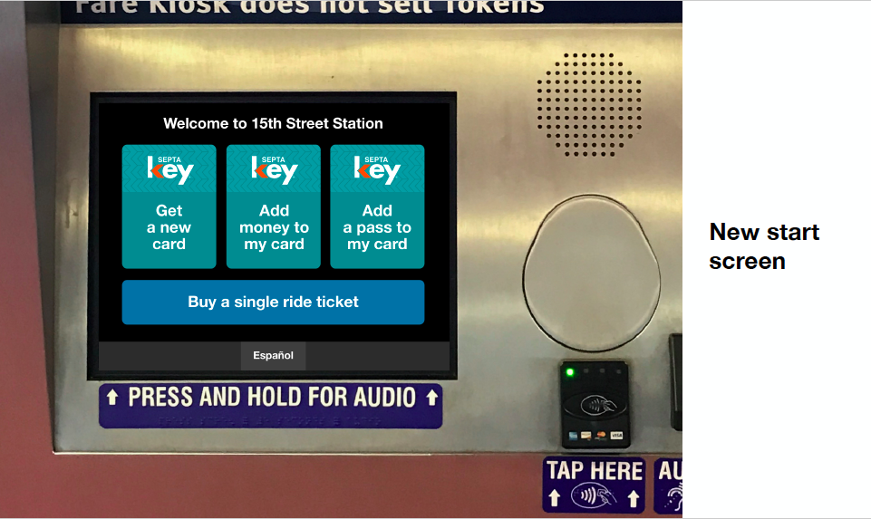 SEPTA Key Kiosk start screen as envisioned by group of civic do gooders from Think Company, Code for Philly and 5th Square (Courtesy of Think Company)