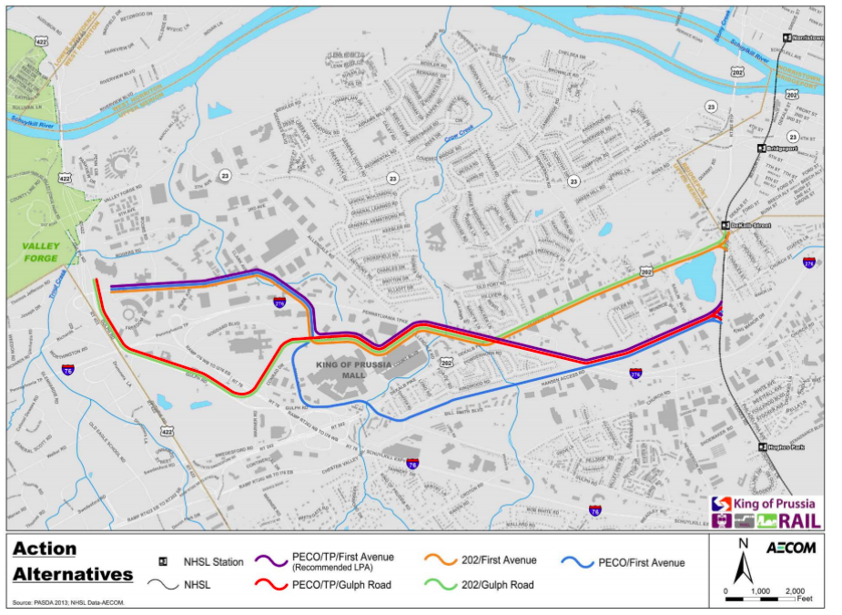 The locally preferred alternative route, in purple, is shown along side the discarded alternatives in the draft EIS