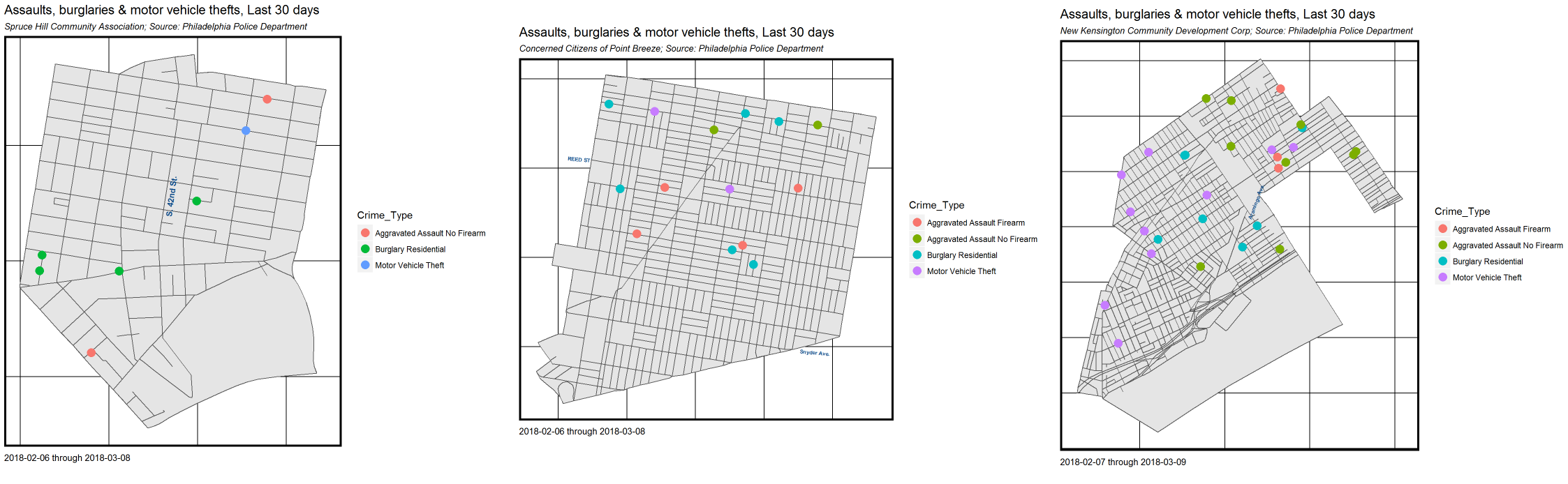 Visualization maps of 30 days of select crimes in Spruce Hill, Point Breeze, and Kensington. Credit: Ken Steif