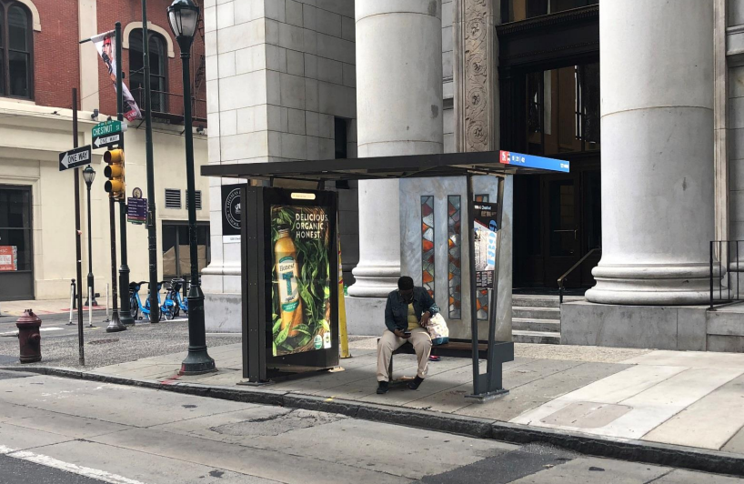 A rendering of the bus shelter at 12th and Chestnut streets, with restored stained-glass panels. 