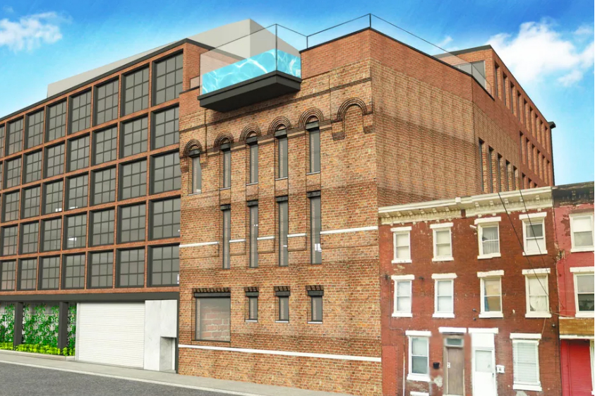 A rendering shows the rooftop swimming pool planned at the back of Roland Kassis's planned hotel in Fishtown, hanging over Leopard Street. 