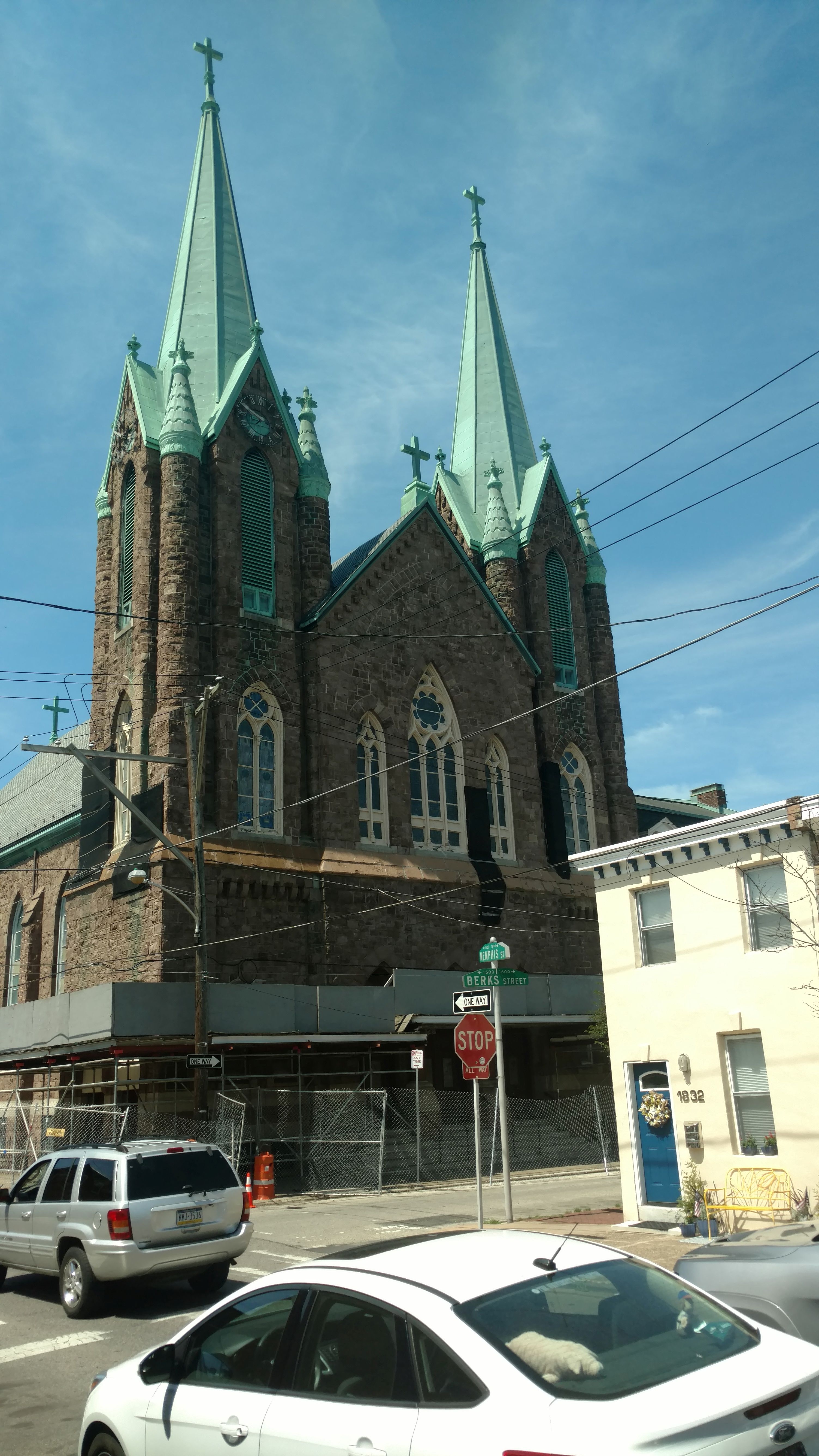 The former St. Laurentius church, surrounded last week by fencing. | Jake Blumgart/PlanPhilly