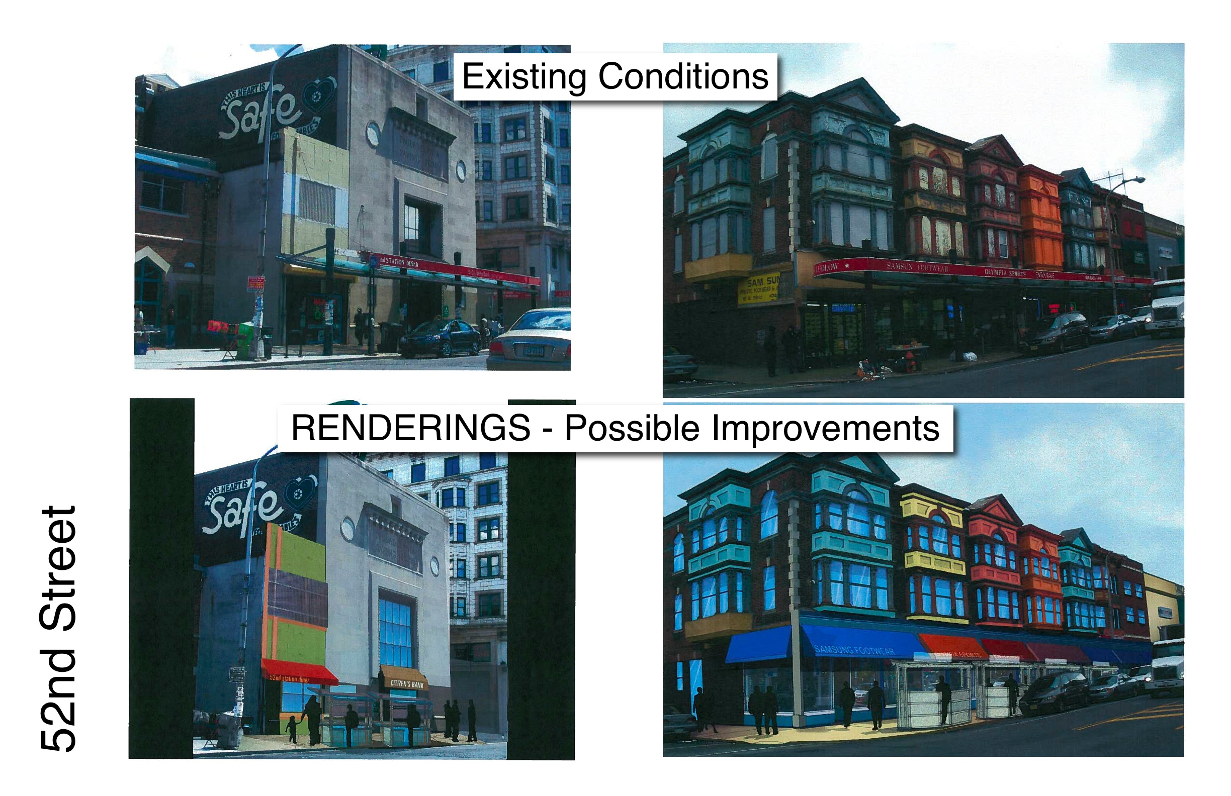 Series of before-after pictures from the Commerce Dept., showing how the corridor might look after the facade improvements