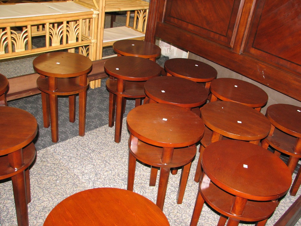 A group of small end tables, donated by an Old City apartment building