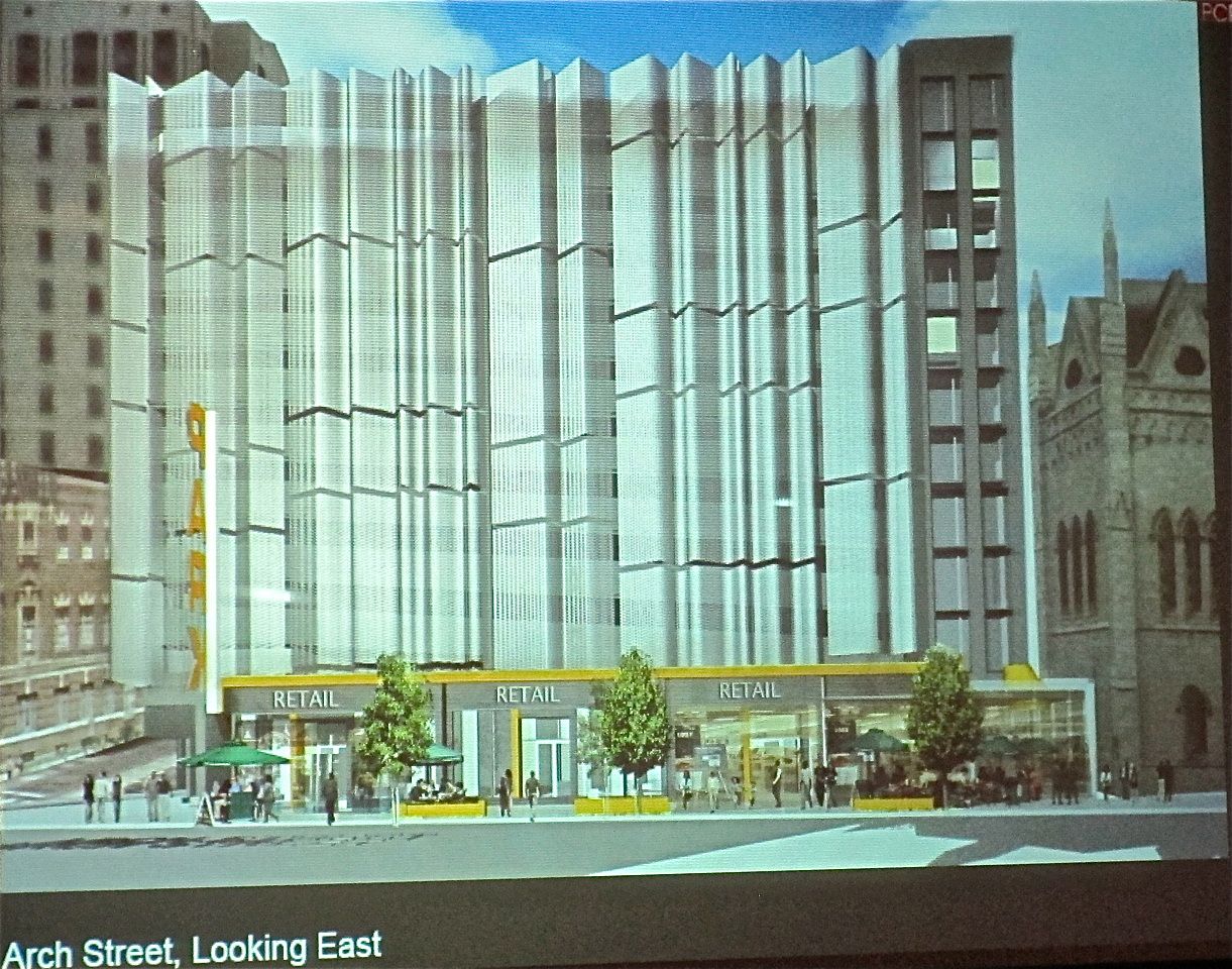 Rendering of planned garage showing ground-level retail