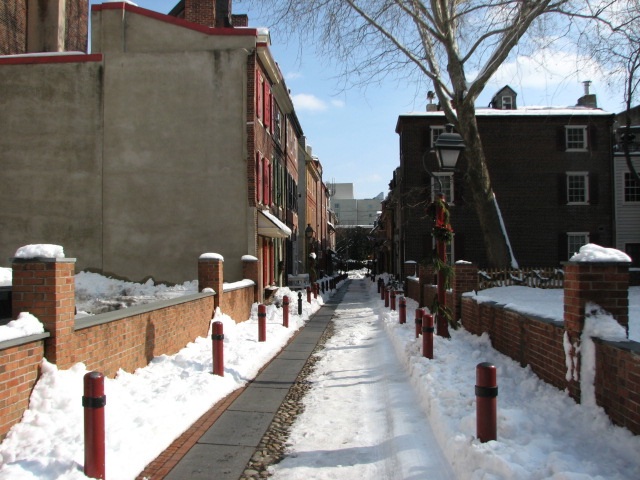 A view of the historic alley looking east from 2nd Street.