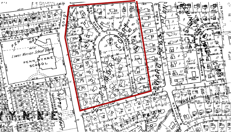 A 1961 map shows how most of the houses in the development sit off-kilter in their lots.