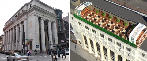 The former bank and a rendition of the billiard parlor's rooftop bar