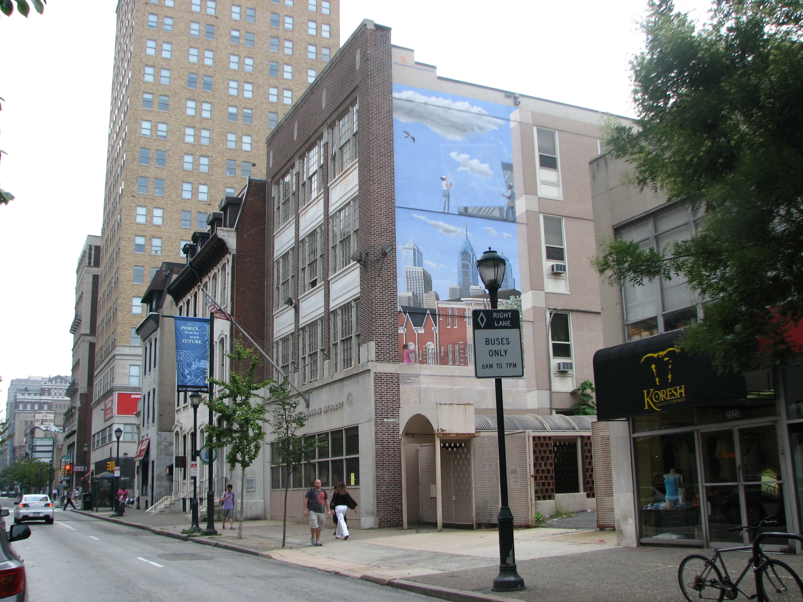 The view of the existing PHA building, looking east on Chestnut Street.