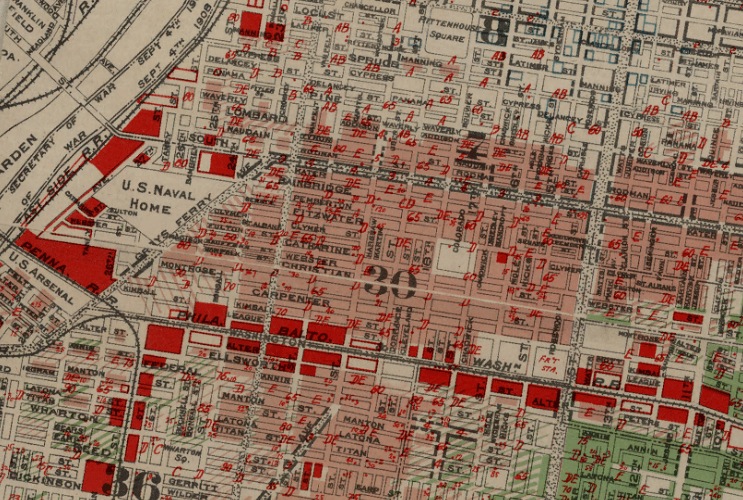 J.M Brewer's 1934 map shows appraisals of property risk, marked in red, in Southwest Center City.