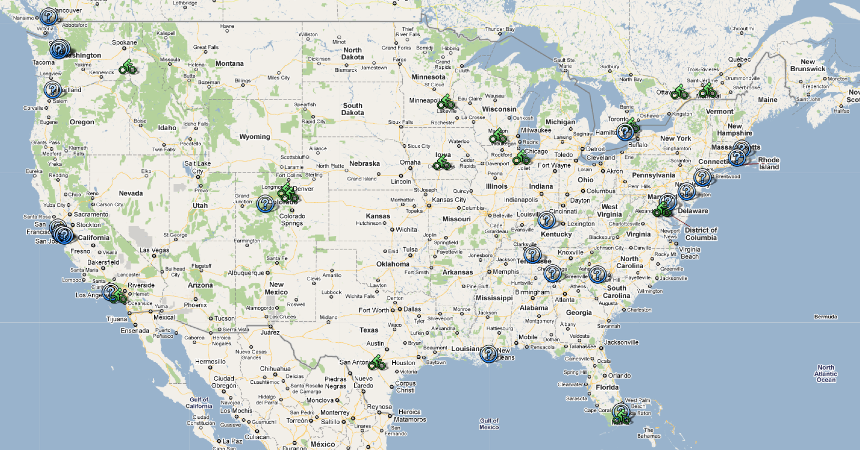 U.S. map showing all current and possible bike share programs (The Bike-sharing Blog)