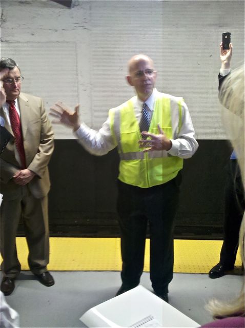 SEPTA chief engineer Jeff Knueppel points to problems at the City Hall subway station.