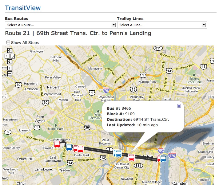 TransitView gives information on each bus, including the last time it sent its location to SEPTA headquarters.