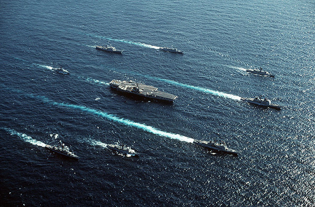The USS Forrestal with battle group in 1989.