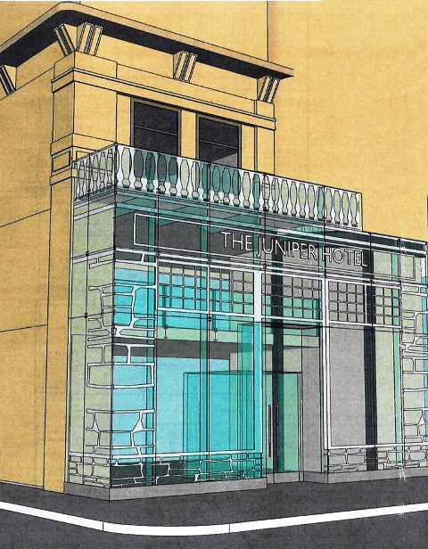 This drawing shows one of the proposals offered by JKR Partners and Alon Barzilay for a glass and steel entrance.
