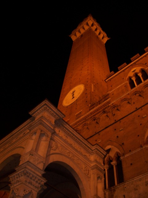 The Campanile and piazza at night.