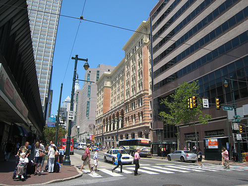 Market East from 11th Street, Girard Square at left and the Reading Terminal Headhouse at center.