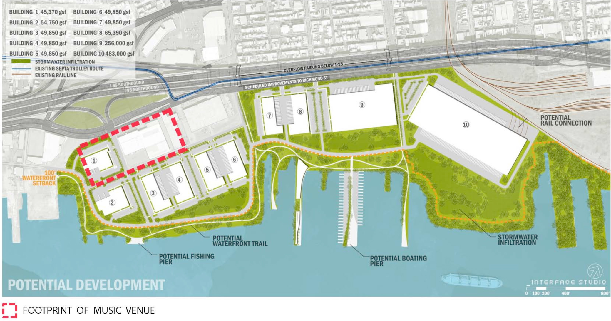 Diagram of the Richmond rail yards developed with industry, showing the location of Grasso music venue (Source: PIDC Industrial Land and Market Study , Graphic by Interface Studio with footprint added