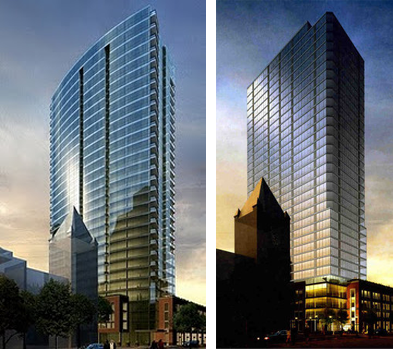 An early design for the new tower at 22nd and Chestnut (left) showed a curved glass tower with balconies. The newer version (right) gets boxy and bland.