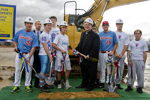 Student athletes at Father Judge High School join President Fr. Joe Campellone and Director of Institutional Advancement Brian Patrick King for the ground breaking. | Photo by Michelle Alton, NEast Ph