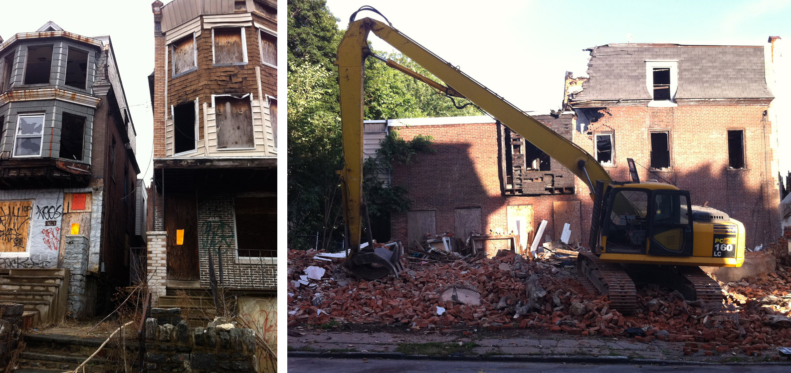Vacant properties on West Rockland Street before and during demolition. One of the cleared lots was auctioned by PHA.  | courtesy of Aine Doley