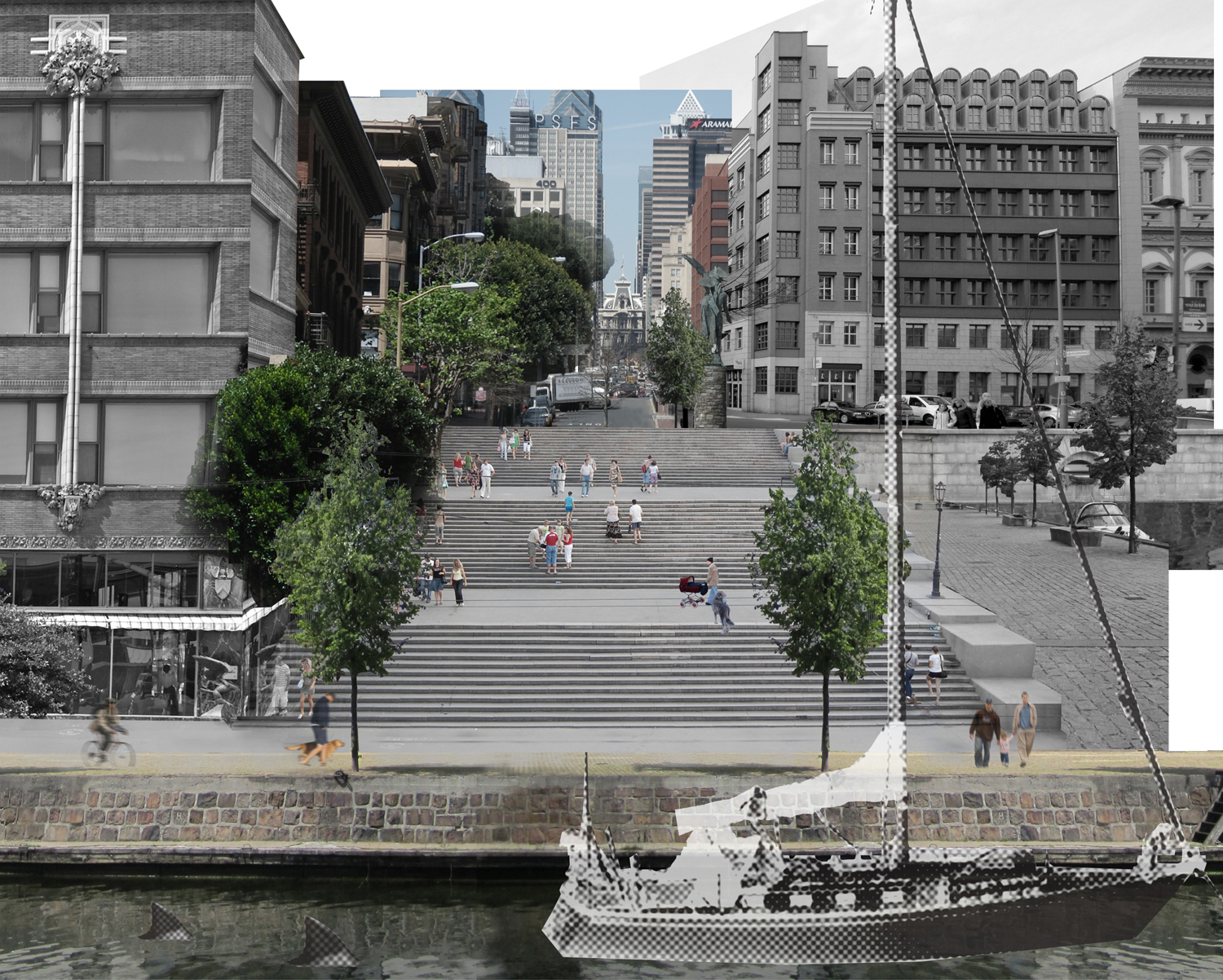 A vision for Penn's Landing from 'Float Your Boat,' the winning design entry from this year's Ed Bacon Student Competition, rethinking the city's I-95 corridor. | designed by Clara