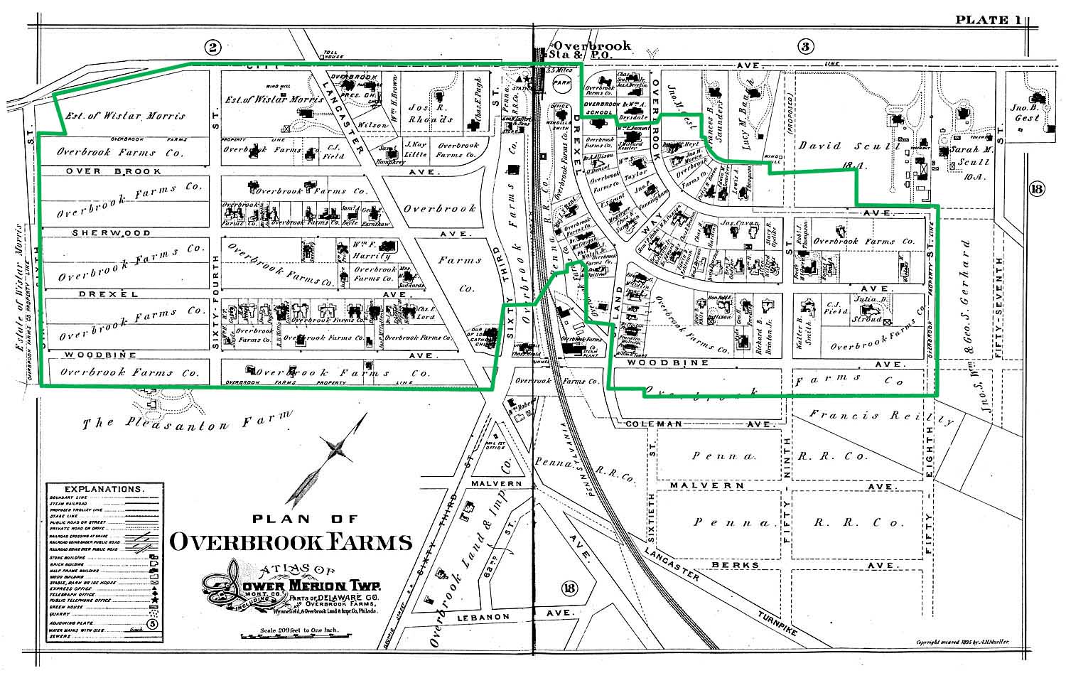 (1896 Plan of Overbrook Farms with rough outline of proposed historic district boundaries overlaid. (Click to enlarge) | 1896 Map from Lower Merion Public Library )