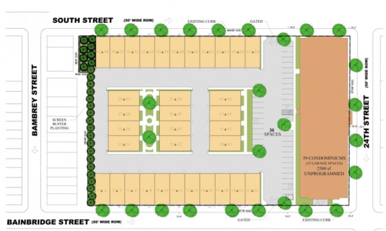 This revised site plan put townhomes along Bainbridge and sited commercial use on the first floor of the big building on 24th Street.