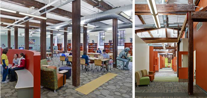 Left: Global Resource Center in the Academy in Manayunk (AIM), Right: Hallway in AIM | Blackney Hayes Architects