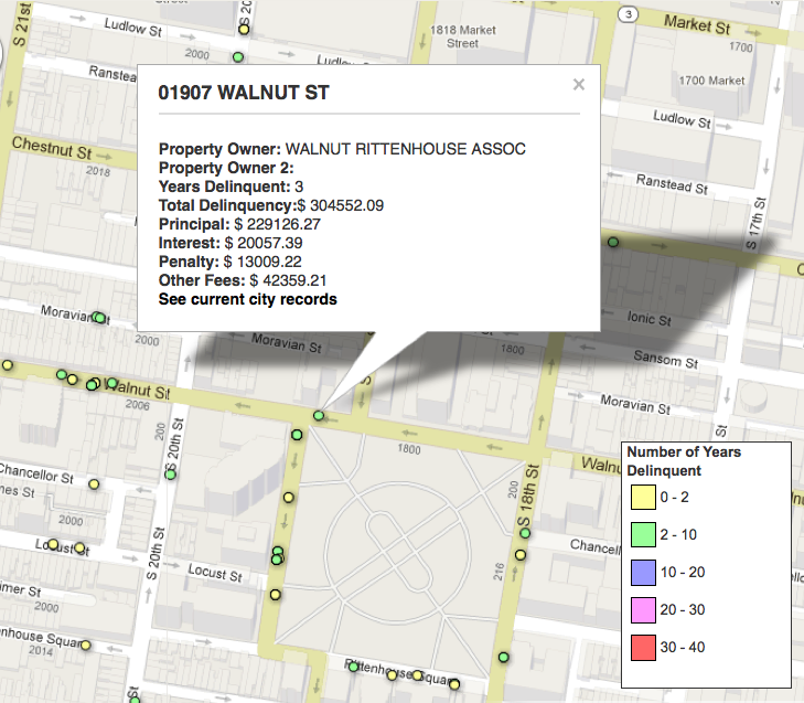 Screen capture from PlanPhilly's tax-delinquency web app showing amounts owed at 1907 Walnut Street as of March 31, 2012.