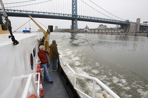 The boat tour passes under the Ben Franklin