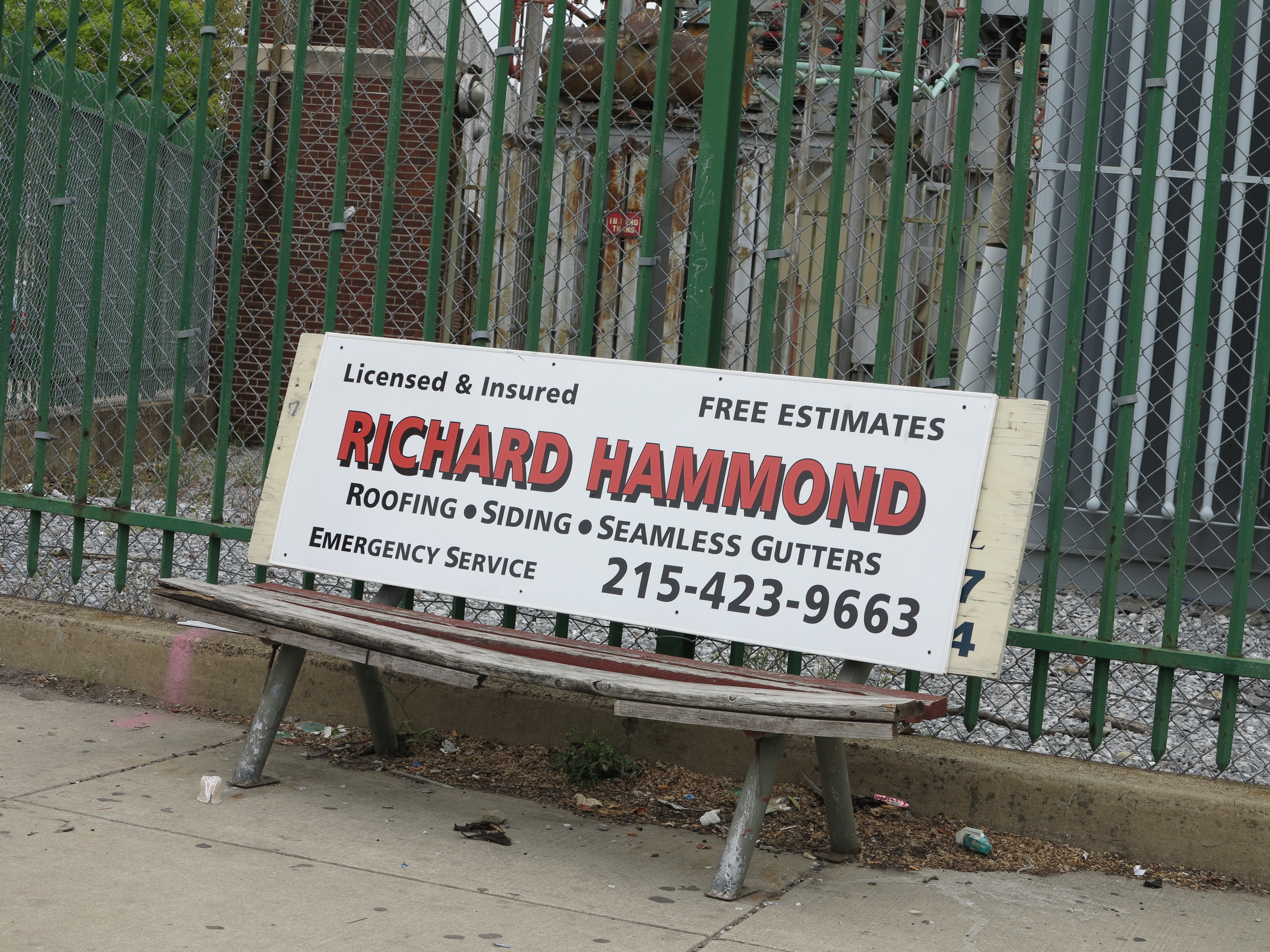 Another ad-over-ad bench in poor condition. Columbia Street at Delaware Avenue near PECO substation, May 2013.