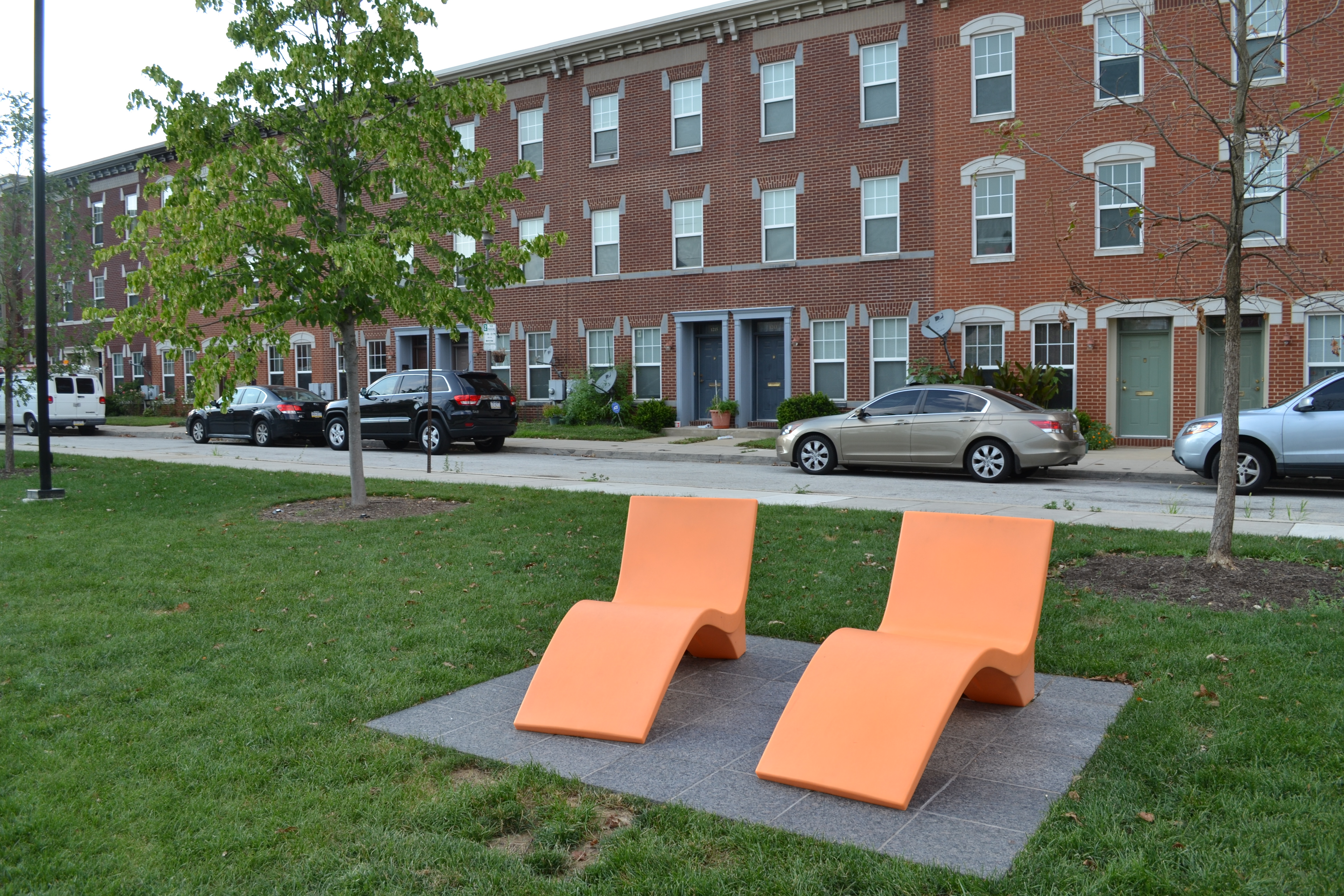 Big orange recliners offer a place to stretch out