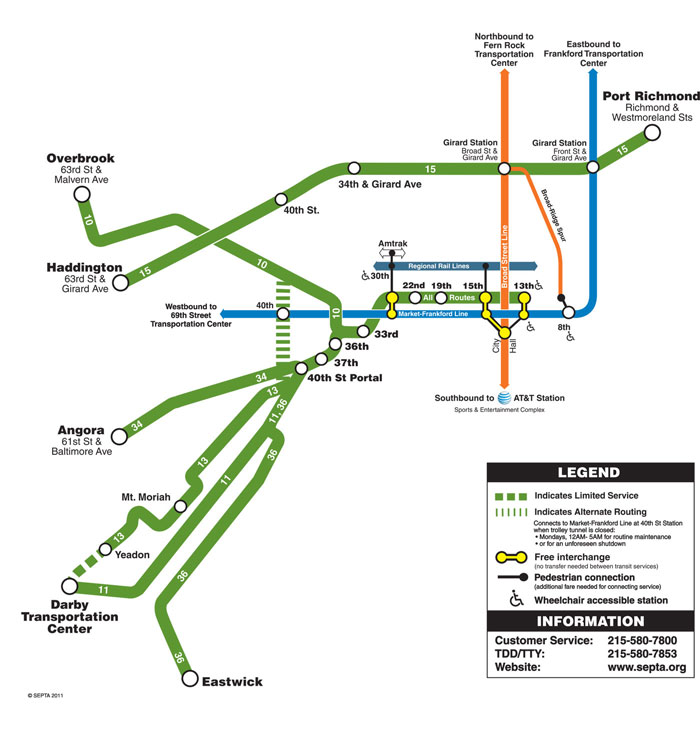 Green lines show SEPTA's trolley network