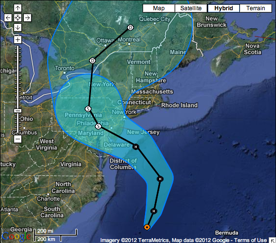 From NOAA: as of 2pm, Sunday, October 28: Coastal Watches/Warnings and 5-Day Track Forecast Cone Hurricane SANDY Advisory