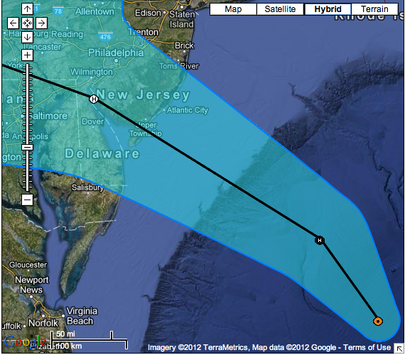 From NOAA: Coastal Watches/Warnings and 5-Day Track Forecast Cone Hurricane SANDY Advisory #028A, 8am on October 29