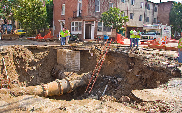Water main break sinkhole at 21st and Bainbridge, July 2012 | Rob Lybeck, Eyes on the Street Flickr group