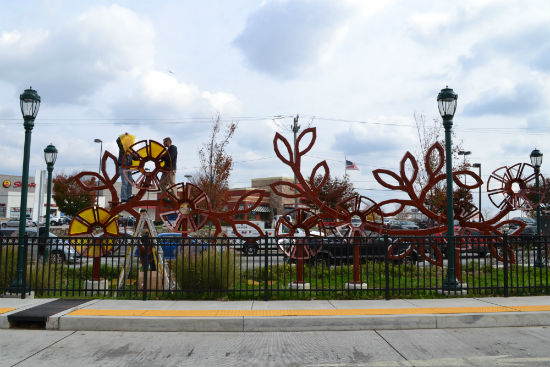 The sculpture, shown in progress here, stands at the entrance of the Cheltenham and Ogontz Bus Loop