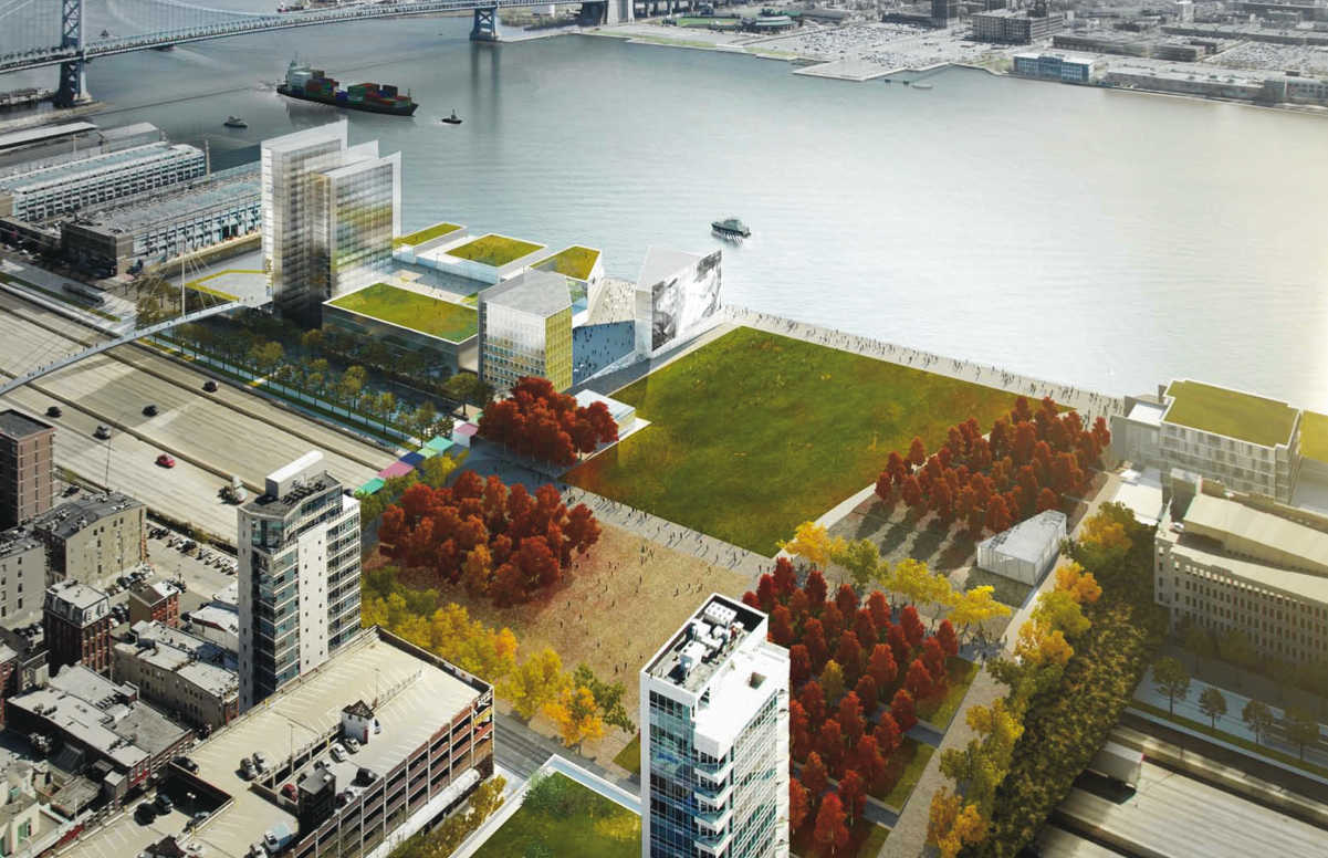 Illustrative rendering showing Penn’s Landing Park and new development at the end of Market Street