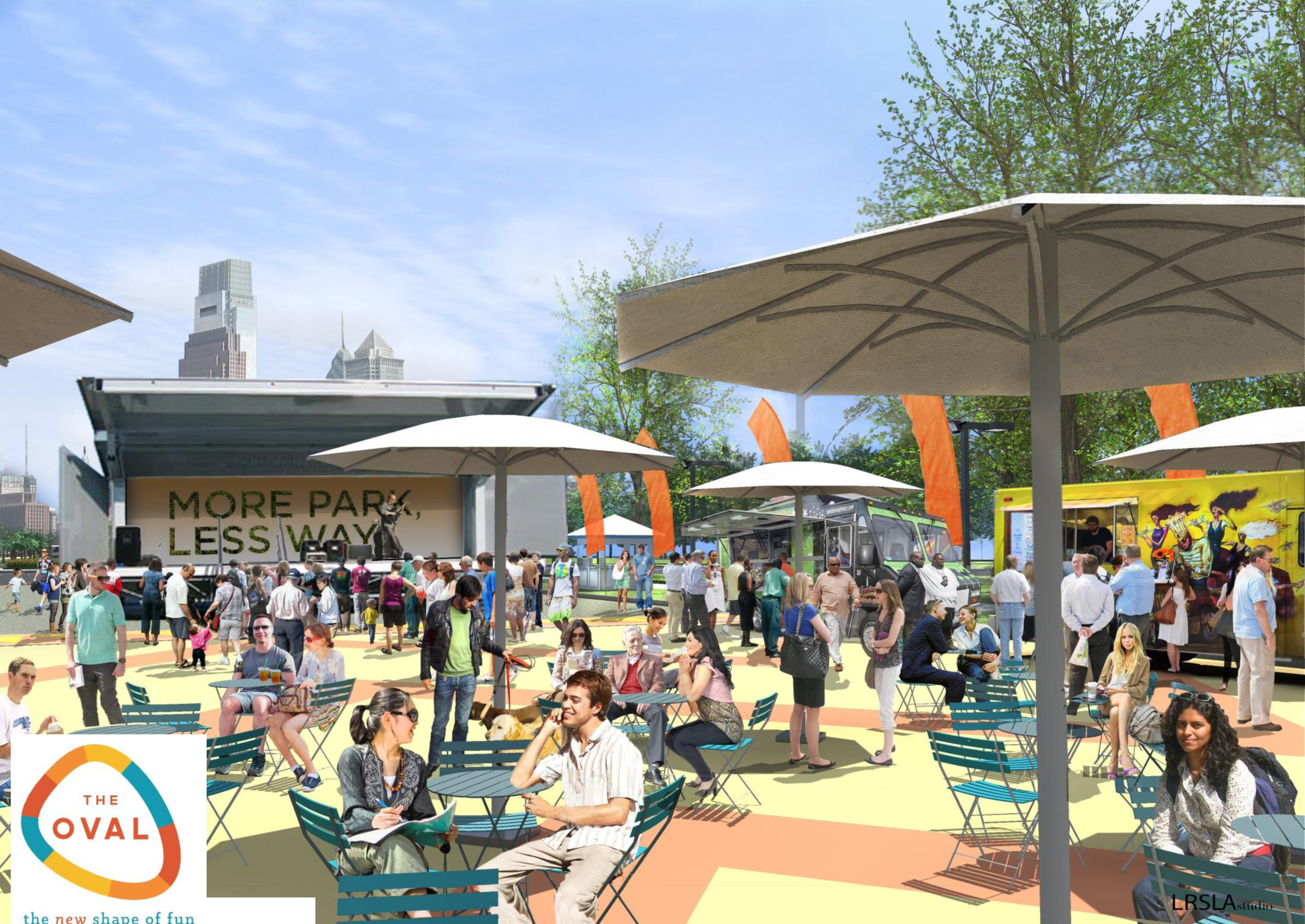 Movable chairs, umbrellas, food trucks and the stage area will grace The Oval's eastern end. | LRSLA studio