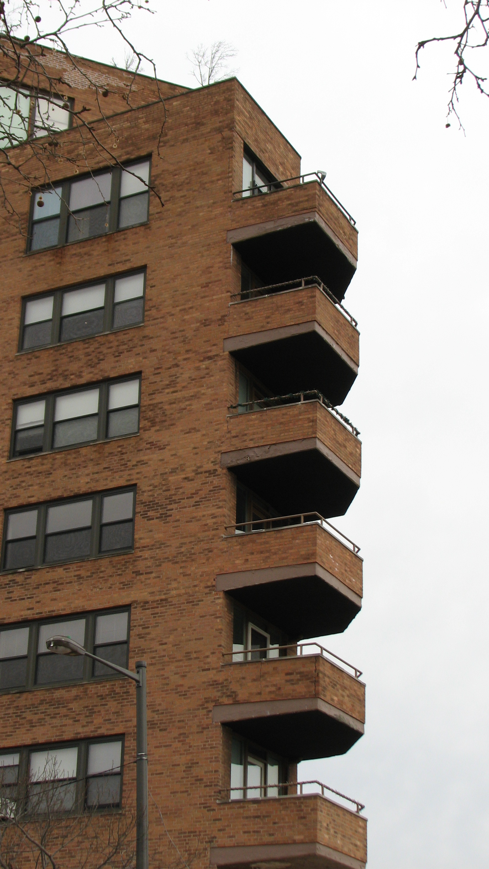 Brick balconies provide a strong profile of the Parkway House.